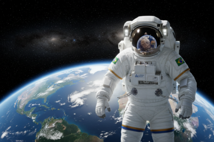 Astronauta observando a Terra do espa&ccedil;o, com destaque para a fragilidade do planeta e a beleza da atmosfera.