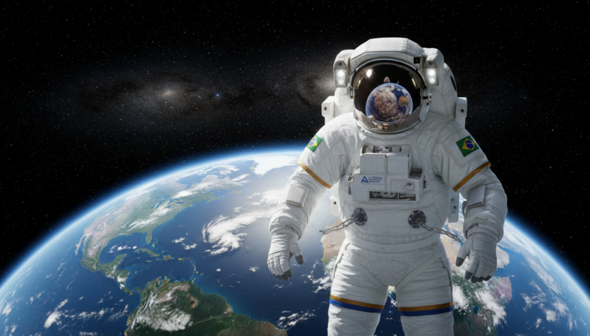 Astronauta observando a Terra do espaço, com destaque para a fragilidade do planeta e a beleza da atmosfera.