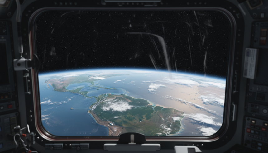 Astronauta observa a Terra do espaço, destacando a fragilidade do planeta.