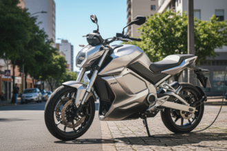 Moto elétrica sendo carregada em tomada residencial em rua brasileira