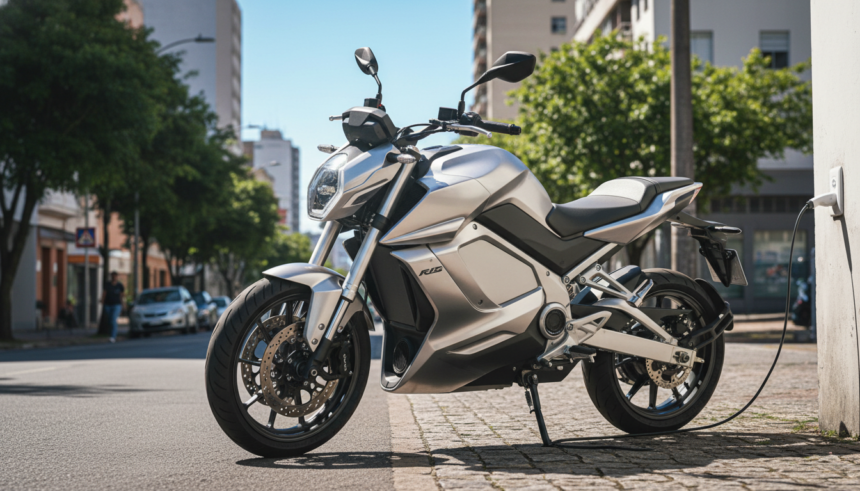 Moto elétrica sendo carregada em tomada residencial em rua brasileira