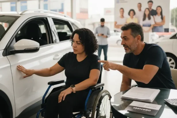 Pessoa sorrindo ao lado de um carro novo, com destaque para a placa de 'Desconto Carros PCD'
