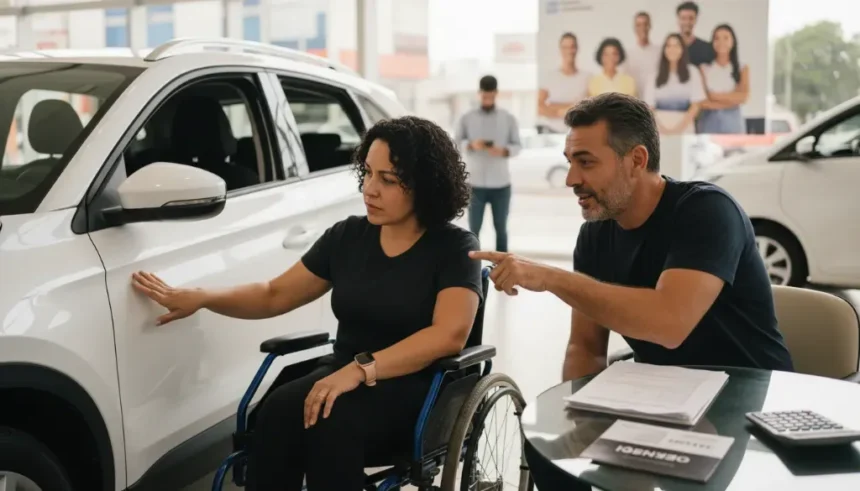 Passo a passo descomplicado para conseguir o desconto de carros para PCD e dirigir seu veículo novo 1 Pessoa sorrindo ao lado de um carro novo, com destaque para a placa de 'Desconto Carros PCD'
