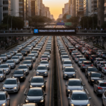 Trânsito intenso em uma avenida brasileira com diversos carros