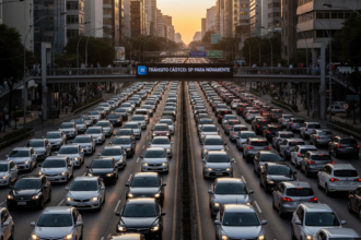 Trânsito intenso em uma avenida brasileira com diversos carros