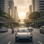 Carro se movendo em uma rua de Singapura com sistema de pedágio por satélite em funcionamento.