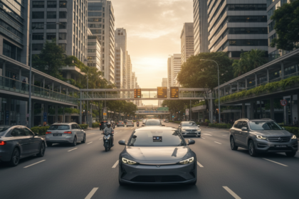 Carro se movendo em uma rua de Singapura com sistema de ped&aacute;gio por sat&eacute;lite em funcionamento.