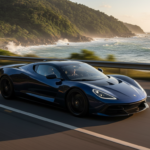 Pininfarina Battista azul escuro em movimento em uma estrada costeira brasileira ao pôr do sol.