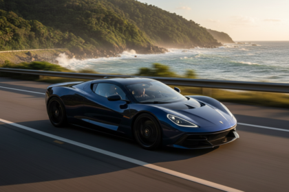 Pininfarina Battista azul escuro em movimento em uma estrada costeira brasileira ao p&ocirc;r do sol.