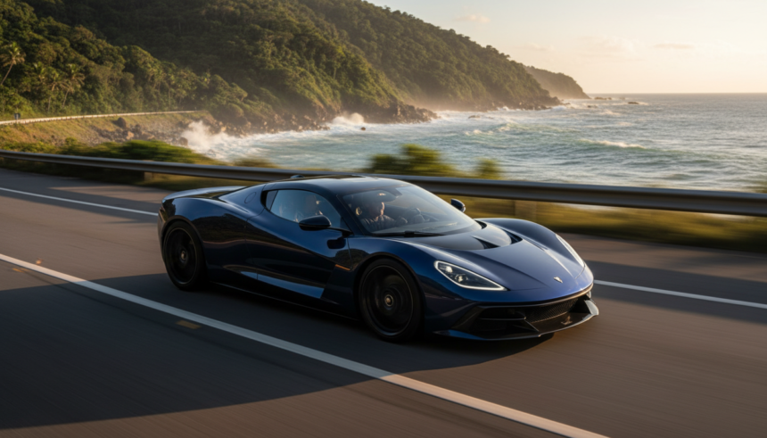 Pininfarina Battista azul escuro em movimento em uma estrada costeira brasileira ao pôr do sol.