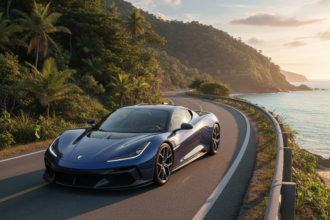 Pininfarina Battista elétrico em uma paisagem brasileira ensolarada.