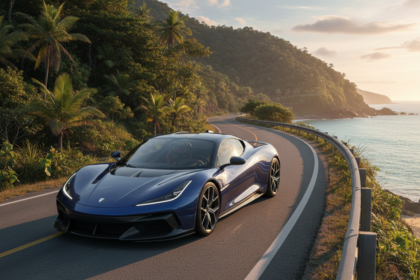 Pininfarina Battista el&eacute;trico em uma paisagem brasileira ensolarada.