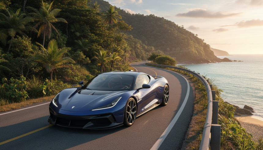 Pininfarina Battista elétrico em uma paisagem brasileira ensolarada.