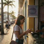 Imagem de uma rua brasileira mostrando pessoas usando tecnologia de pagamento móvel.
