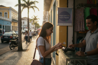 Imagem de uma rua brasileira mostrando pessoas usando tecnologia de pagamento móvel.
