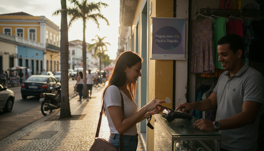 Imagem de uma rua brasileira mostrando pessoas usando tecnologia de pagamento móvel.