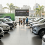 Variedade de carros elétricos e híbridos 0KM em uma concessionária brasileira.