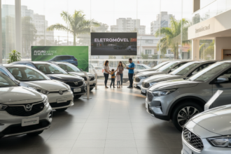 Variedade de carros elétricos e híbridos 0KM em uma concessionária brasileira.