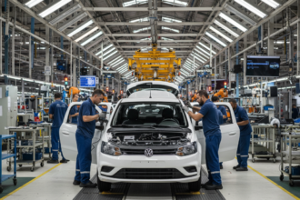 Linha de produção de veículos em fábrica brasileira com aumento de 35,6% na produção.