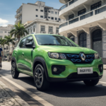 Renault Kwid elétrico em cenário urbano brasileiro, simbolizando a mobilidade elétrica acessível.