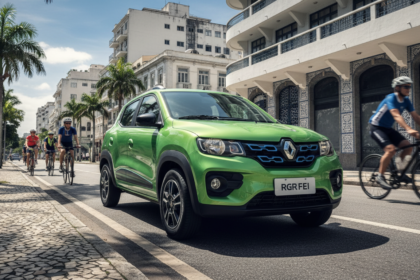Renault Kwid el&eacute;trico em cen&aacute;rio urbano brasileiro, simbolizando a mobilidade el&eacute;trica acess&iacute;vel.