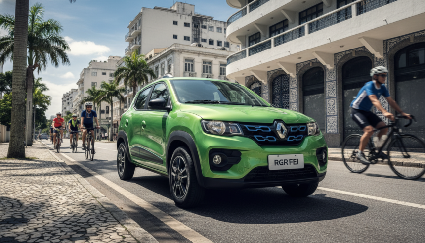 Renault Kwid elétrico em cenário urbano brasileiro, simbolizando a mobilidade elétrica acessível.