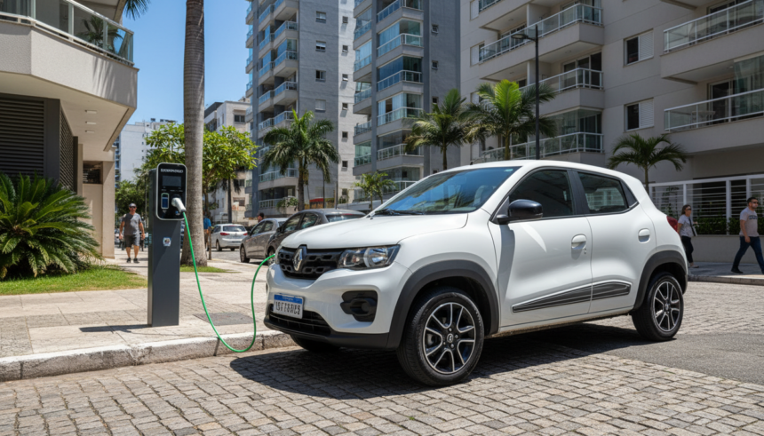 Renault Kwid E-Tech em recarga em rua brasileira
