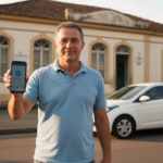 Motorista brasileiro sorri ao visualizar a renovação automática da CNH em seu smartphone.