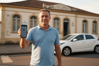 Motorista brasileiro sorri ao visualizar a renovação automática da CNH em seu smartphone.