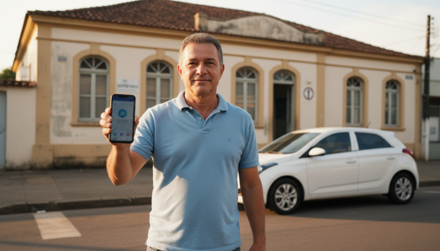 Motorista brasileiro sorri ao visualizar a renovação automática da CNH em seu smartphone.
