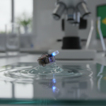 Microrrobô de 200 micrômetros navegando em uma gota d'água, representando a nova fronteira da robótica médica.