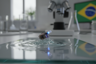 Microrrobô de 200 micrômetros navegando em uma gota d'água, representando a nova fronteira da robótica médica.