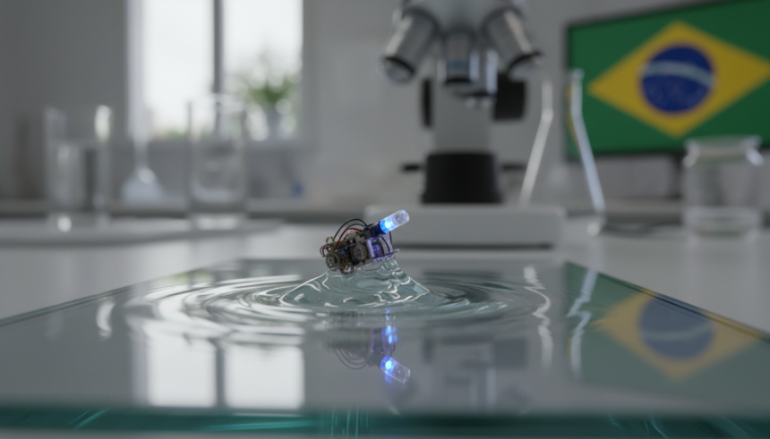 Microrrobô de 200 micrômetros navegando em uma gota d'água, representando a nova fronteira da robótica médica.