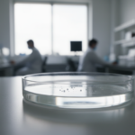 Robôs microscópicos menores que um grão de sal em um laboratório, nadando em líquido.