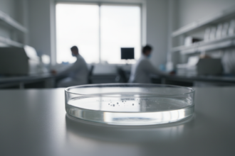 Robôs microscópicos menores que um grão de sal em um laboratório, nadando em líquido.