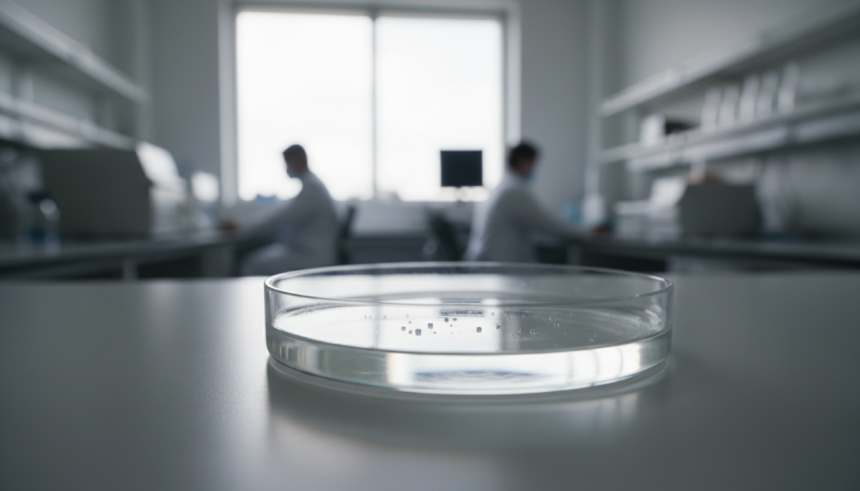 Robôs microscópicos menores que um grão de sal em um laboratório, nadando em líquido.