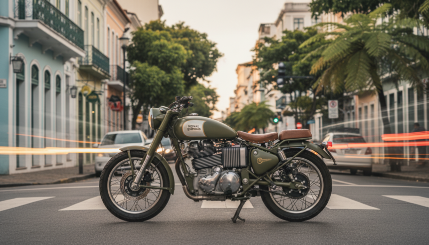 Royal Enfield Flying Flea C6, primeira moto elétrica da marca centenária, em cenário urbano brasileiro