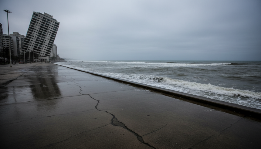 Santos: R$ 200 milhões do BNDES para combater avanço do mar e alagamentos em 5 anos 1 Orla de Santos com sinais de avanço do mar e alagamentos.