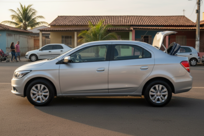 Chevrolet Prisma sed&atilde; com porta-malas aberto, destacando o espa&ccedil;o para fam&iacute;lias em um cen&aacute;rio brasileiro.