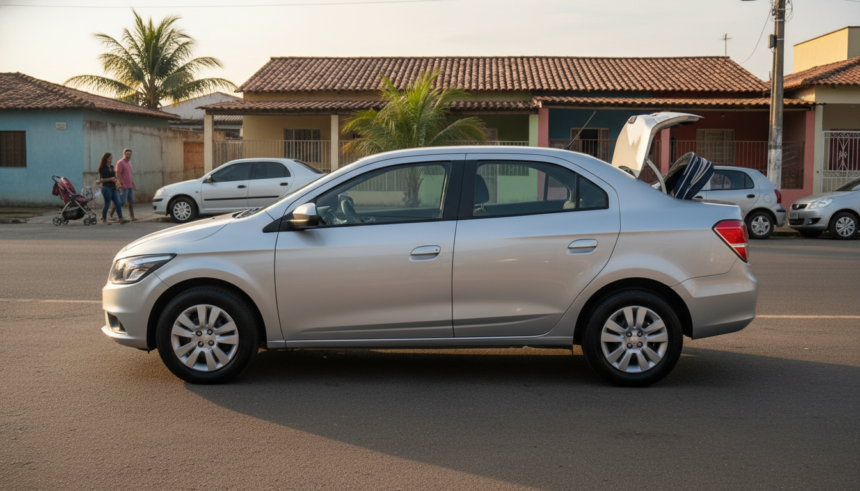 Chevrolet Prisma sedã com porta-malas aberto, destacando o espaço para famílias em um cenário brasileiro.