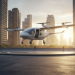Táxi aéreo elétrico eVTOL pousando em vertiporto com paisagem urbana ao fundo
