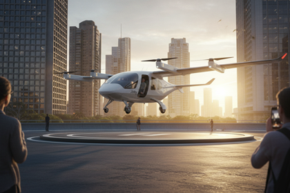 T&aacute;xi a&eacute;reo el&eacute;trico eVTOL pousando em vertiporto com paisagem urbana ao fundo