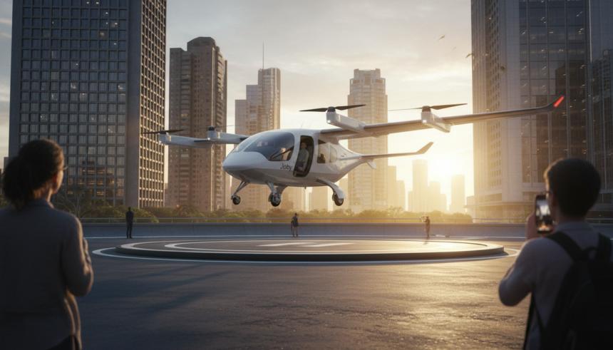Táxi aéreo elétrico eVTOL pousando em vertiporto com paisagem urbana ao fundo