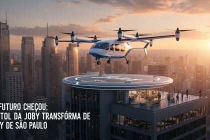 Aeronave eVTOL pousando em vertiporto brasileiro ao p&ocirc;r do sol