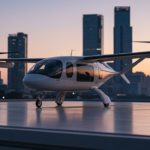 eVTOL Joby S4 pousando em vertiporto com arranha-céus ao fundo