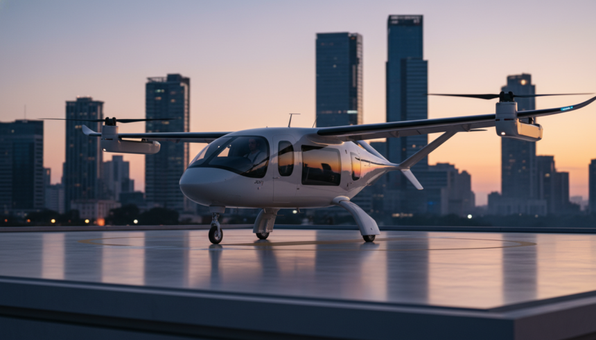 eVTOL Joby S4 pousando em vertiporto com arranha-céus ao fundo