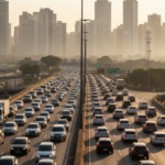 Estrada brasileira com tráfego intenso de veículos, simbolizando a atividade humana e seu impacto no ambiente.