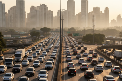 Estrada brasileira com tr&aacute;fego intenso de ve&iacute;culos, simbolizando a atividade humana e seu impacto no ambiente.