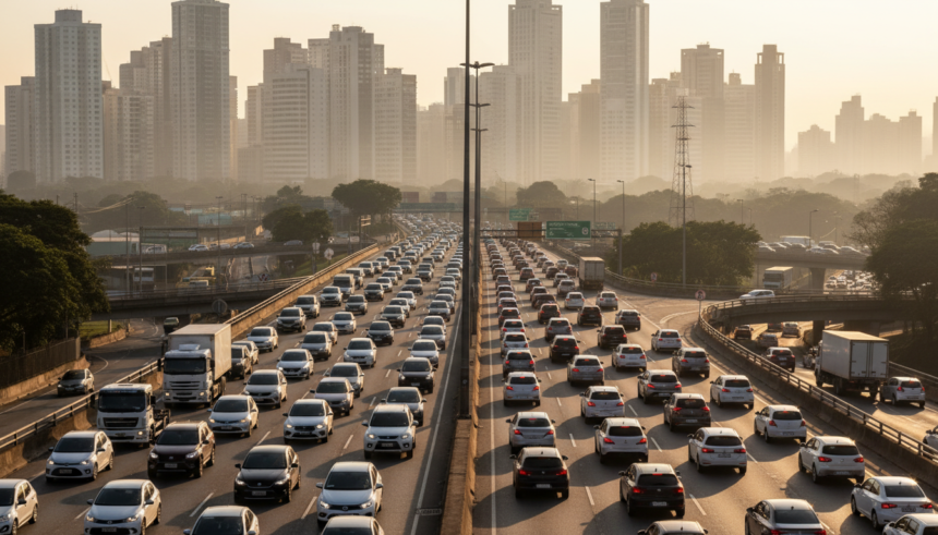 Estrada brasileira com tráfego intenso de veículos, simbolizando a atividade humana e seu impacto no ambiente.