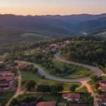 Paisagem brasileira com aglomeração urbana e área verde, simbolizando a pressão populacional sobre os recursos naturais.